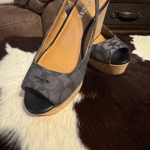 Coach Black and Tan Peep-Toe Wedges